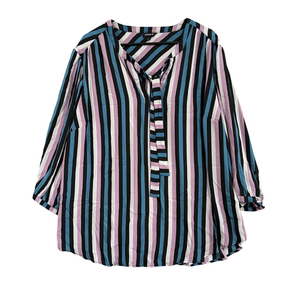 Torrid Womens Blouse Multicolored Striped V Neck Front Key Knot Long Sleeve 3X